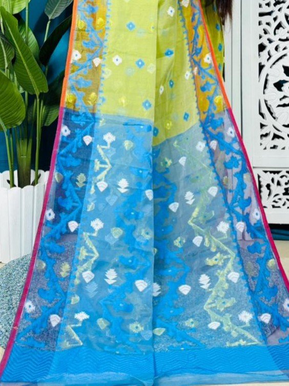 Pea Green Korat Buti Soft Jamdani Sari With Blouse Piece