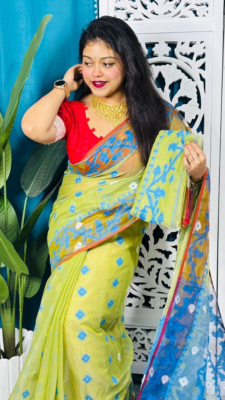 Pea Green Korat Buti Soft Jamdani Sari With Blouse Piece