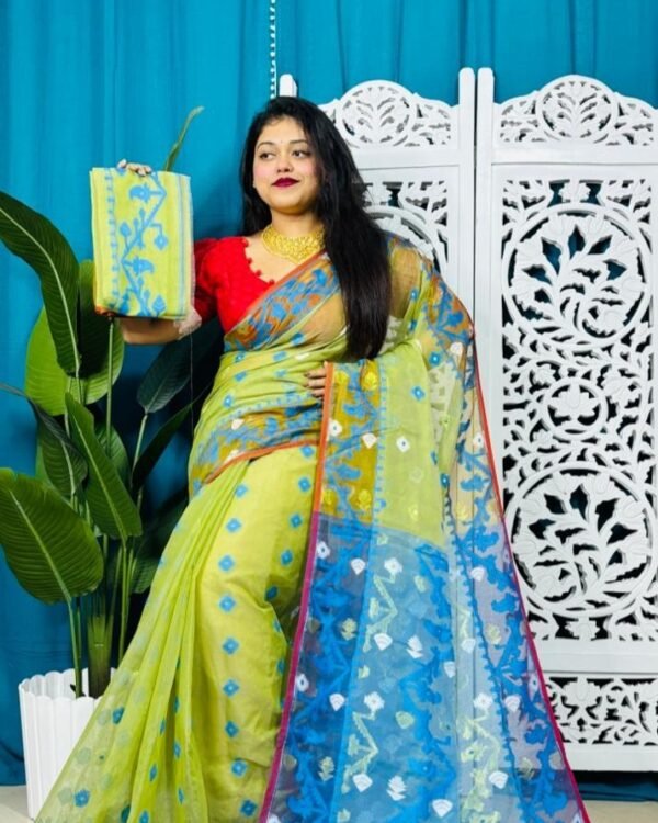 Pea Green Korat Buti Soft Jamdani Sari With Blouse Piece