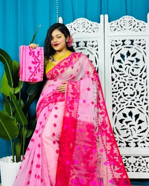 Persian Pink Korat Buti Soft Jamdani Sari With Blouse Piece