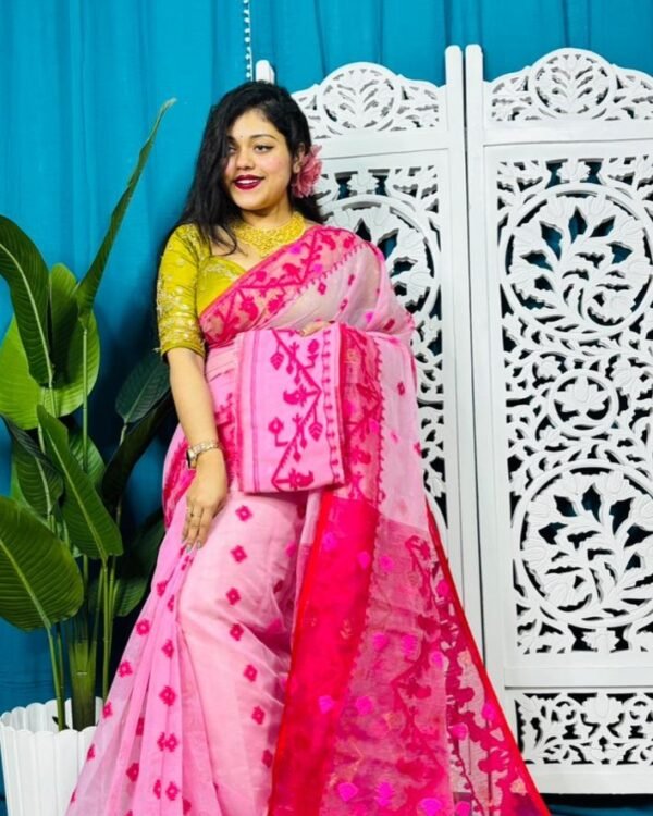 Persian Pink Korat Buti Soft Jamdani Sari With Blouse Piece