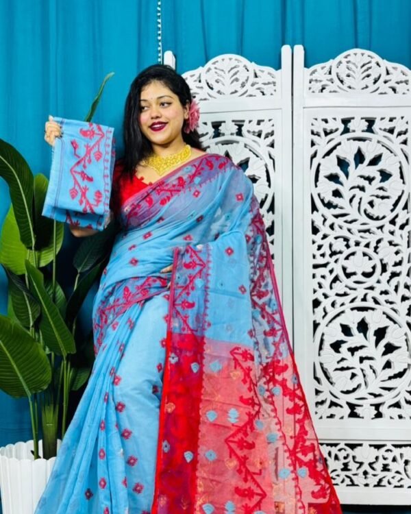 Picton Blue Korat Buti Soft Jamdani Sari With Blouse Piece