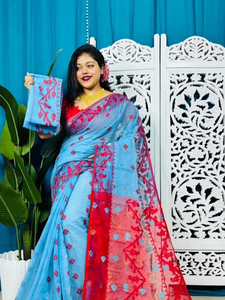 Picton Blue Korat Buti Soft Jamdani Sari With Blouse Piece