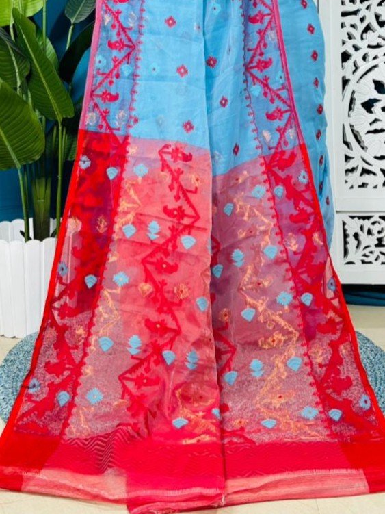 Picton Blue Korat Buti Soft Jamdani Sari With Blouse Piece