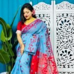 Picton Blue Korat Buti Soft Jamdani Sari With Blouse Piece