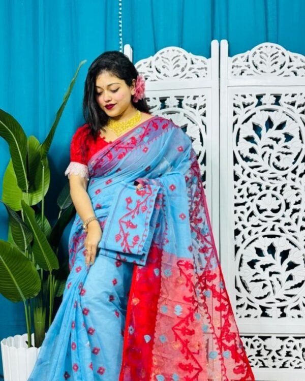 Picton Blue Korat Buti Soft Jamdani Sari With Blouse Piece