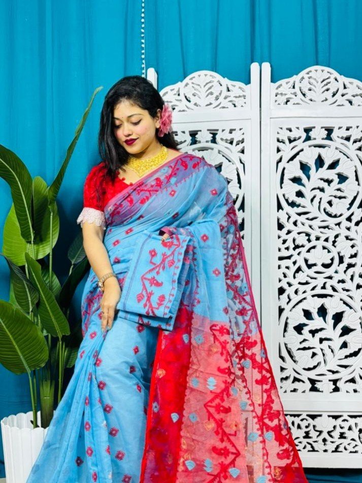 Picton Blue Korat Buti Soft Jamdani Sari With Blouse Piece