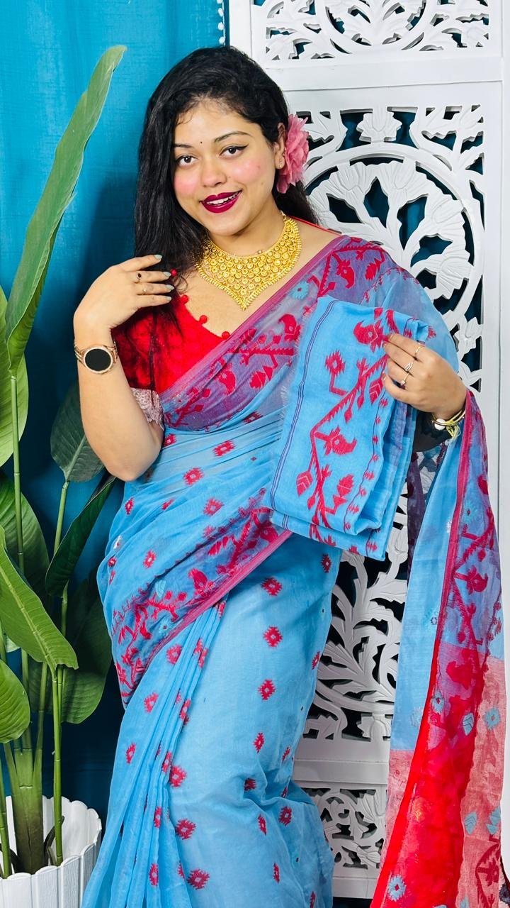 Picton Blue Korat Buti Soft Jamdani Sari With Blouse Piece