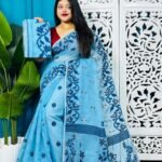 Picton Blue Soft Lota Jamdani Sari With Blouse Piece