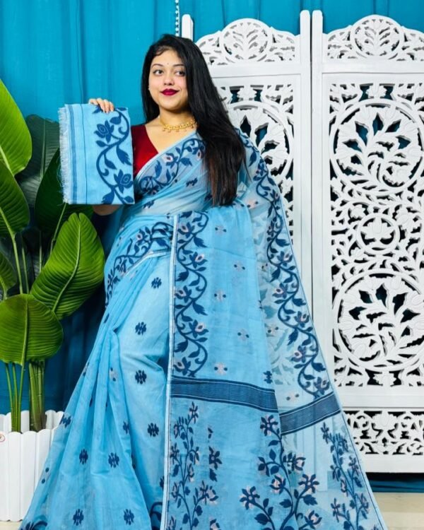 Picton Blue Soft Lota Jamdani Sari With Blouse Piece