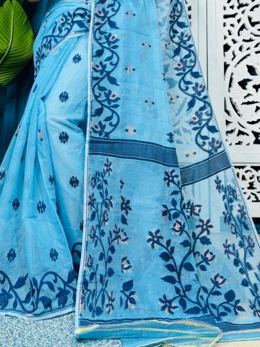 Picton Blue Soft Lota Jamdani Sari With Blouse Piece