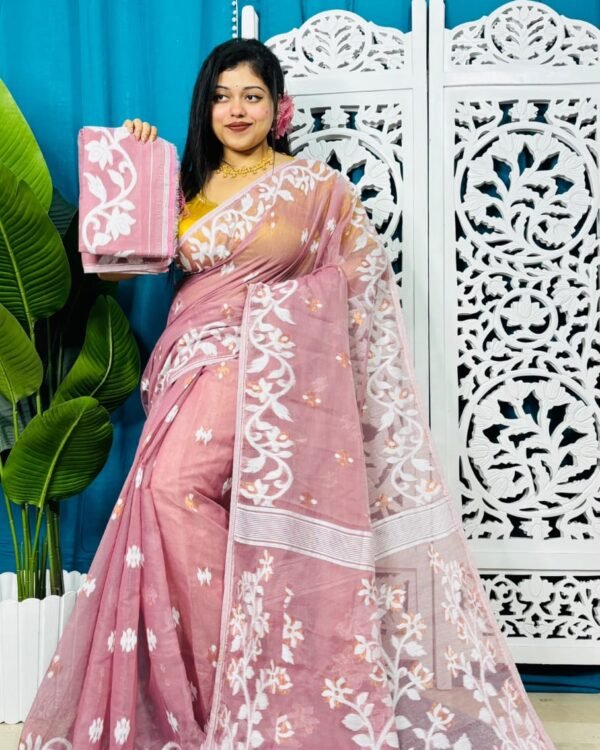 Pink Daisy Soft Lota Jamdani Sari With Blouse Piece