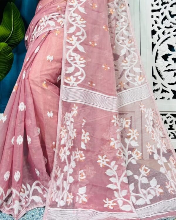 Pink Daisy Soft Lota Jamdani Sari With Blouse Piece