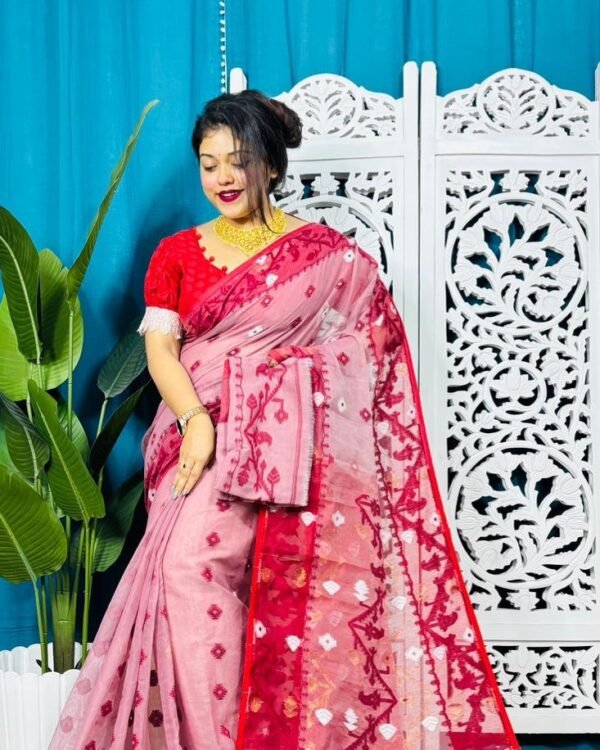 Pink Rose Korat Buti Soft Jamdani Sari With Blouse Piece