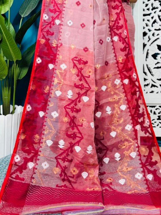 Pink Rose Korat Buti Soft Jamdani Sari With Blouse Piece