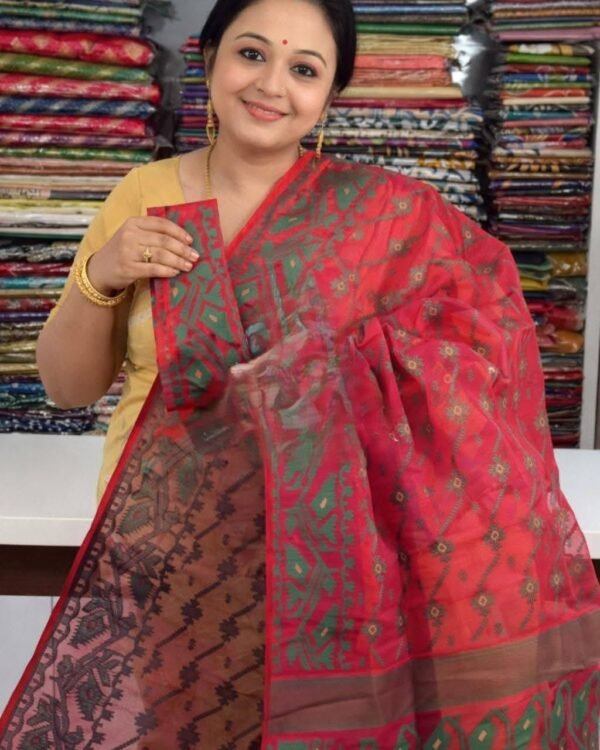 Pinkish Red Soft Buti Jamdani Sari With Blouse Piece