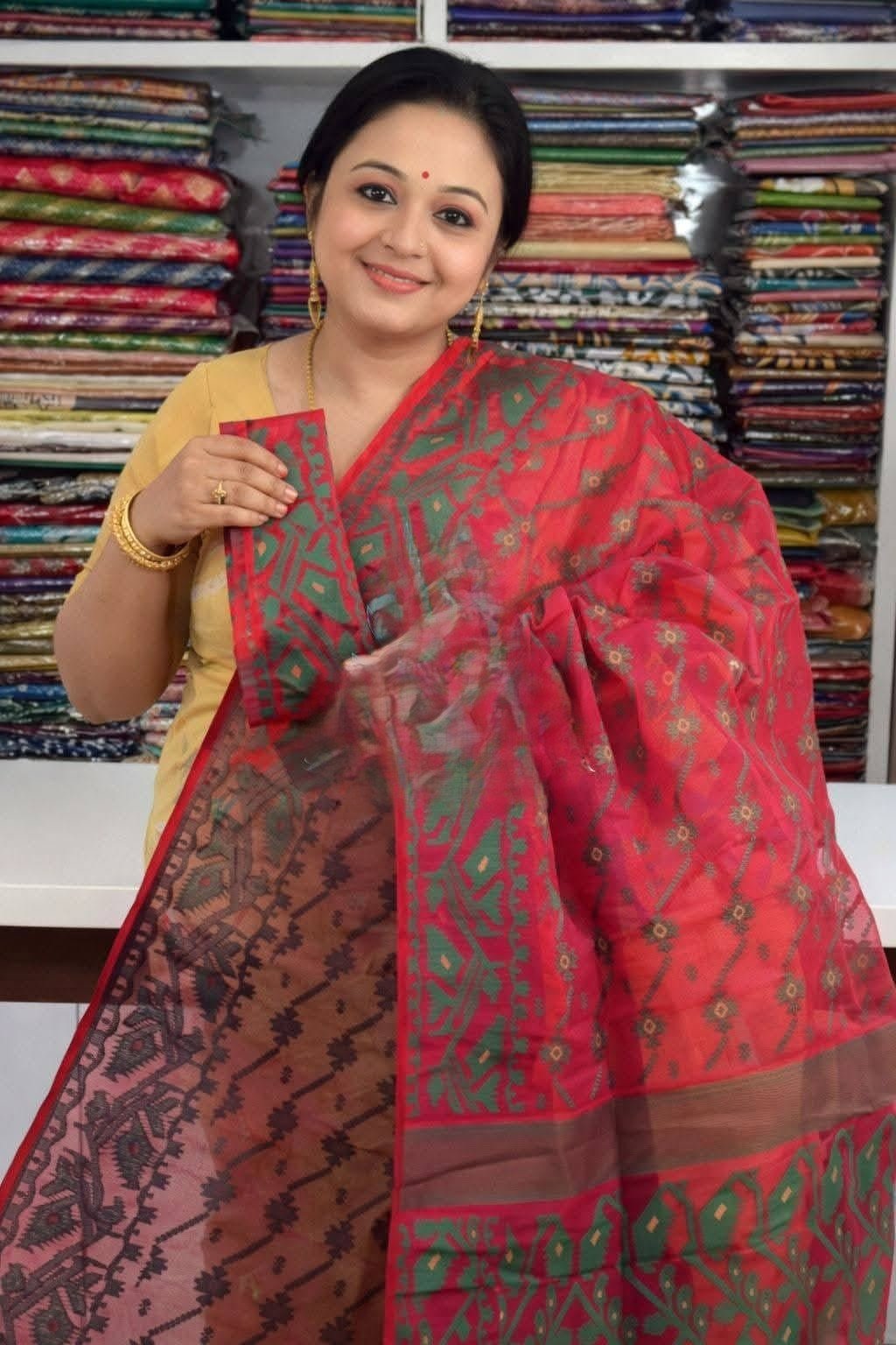 Pinkish Red Soft Buti Jamdani Sari With Blouse Piece