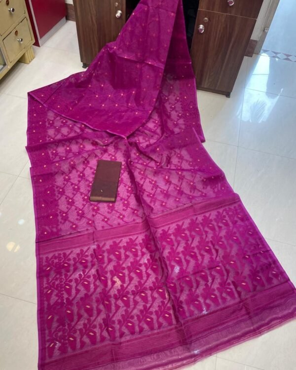 Plum Velvet Soft Buti Karat Jamdani Sari With Blouse Piece