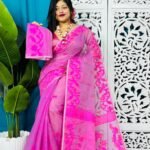 Purple Pink Soft Lota Jamdani Sari With Blouse Piece