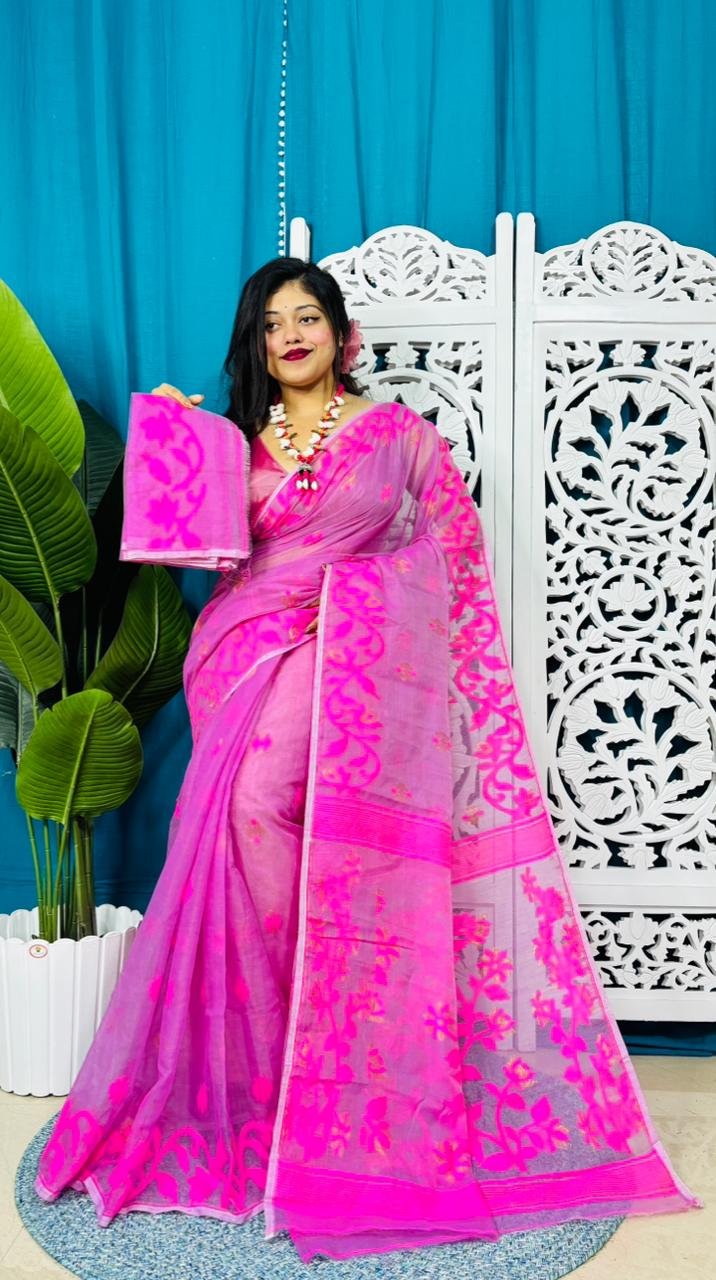 Purple Pink Soft Lota Jamdani Sari With Blouse Piece