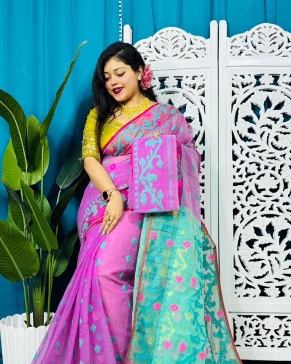 Purplish Pink Korat Buti Soft Jamdani Sari With Blouse Piece