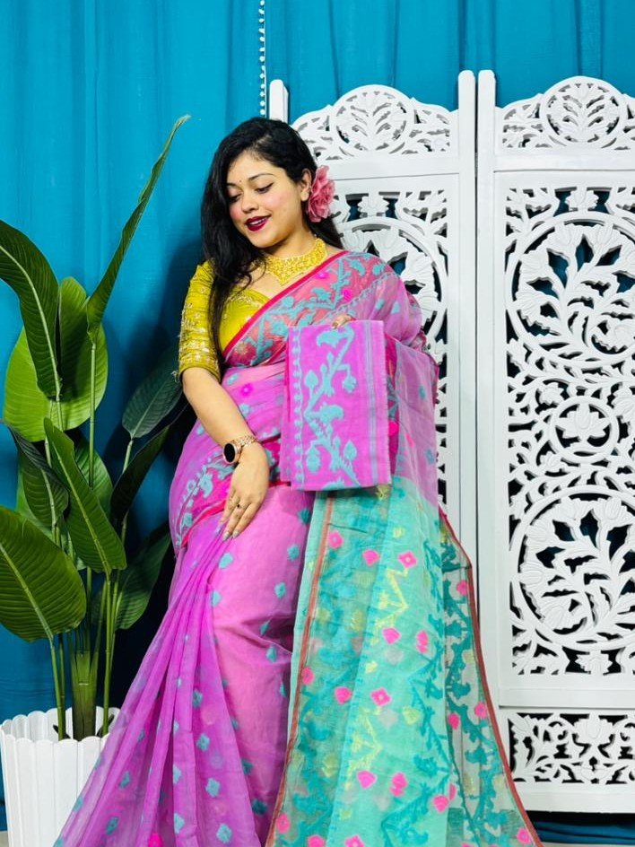 Purplish Pink Korat Buti Soft Jamdani Sari With Blouse Piece