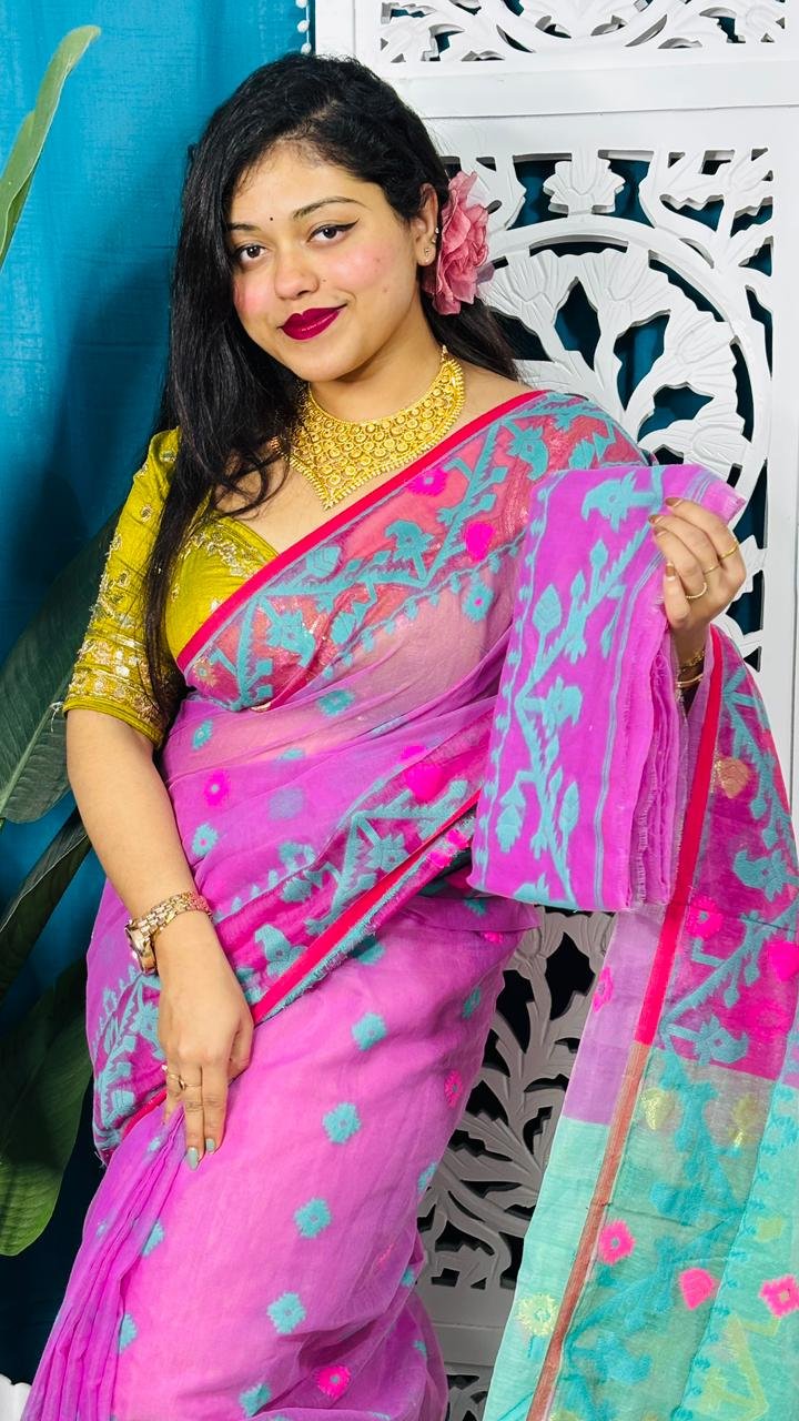 Purplish Pink Korat Buti Soft Jamdani Sari With Blouse Piece