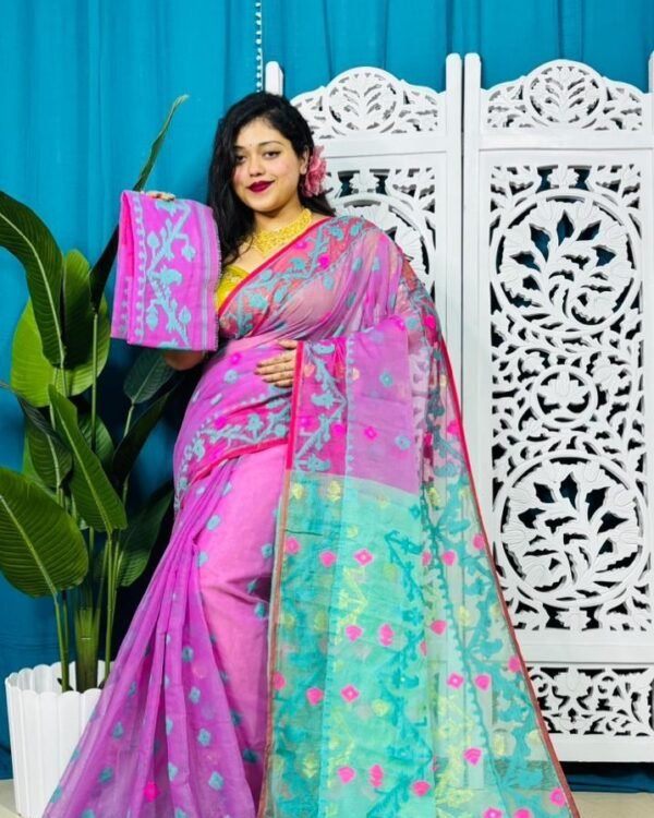 Purplish Pink Korat Buti Soft Jamdani Sari With Blouse Piece