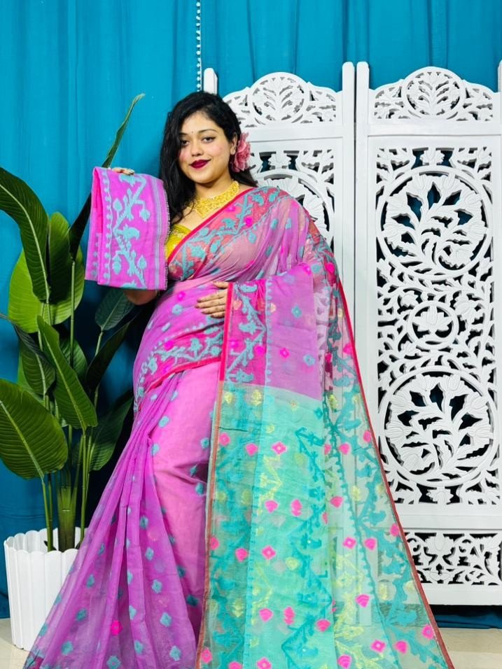 Purplish Pink Korat Buti Soft Jamdani Sari With Blouse Piece