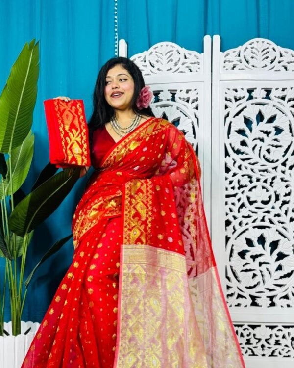 Red And White Soft Golden Buti Jamdani Sari With Blouse Piece