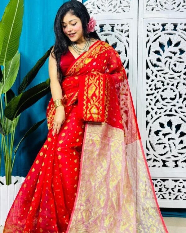 Red And White Soft Golden Buti Jamdani Sari With Blouse Piece