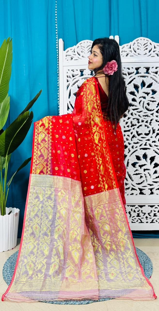 Red And White Soft Golden Buti Jamdani Sari With Blouse Piece