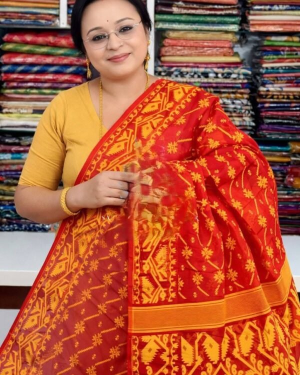 Red And Yellow Soft Buti Jamdani Sari With Blouse Piece