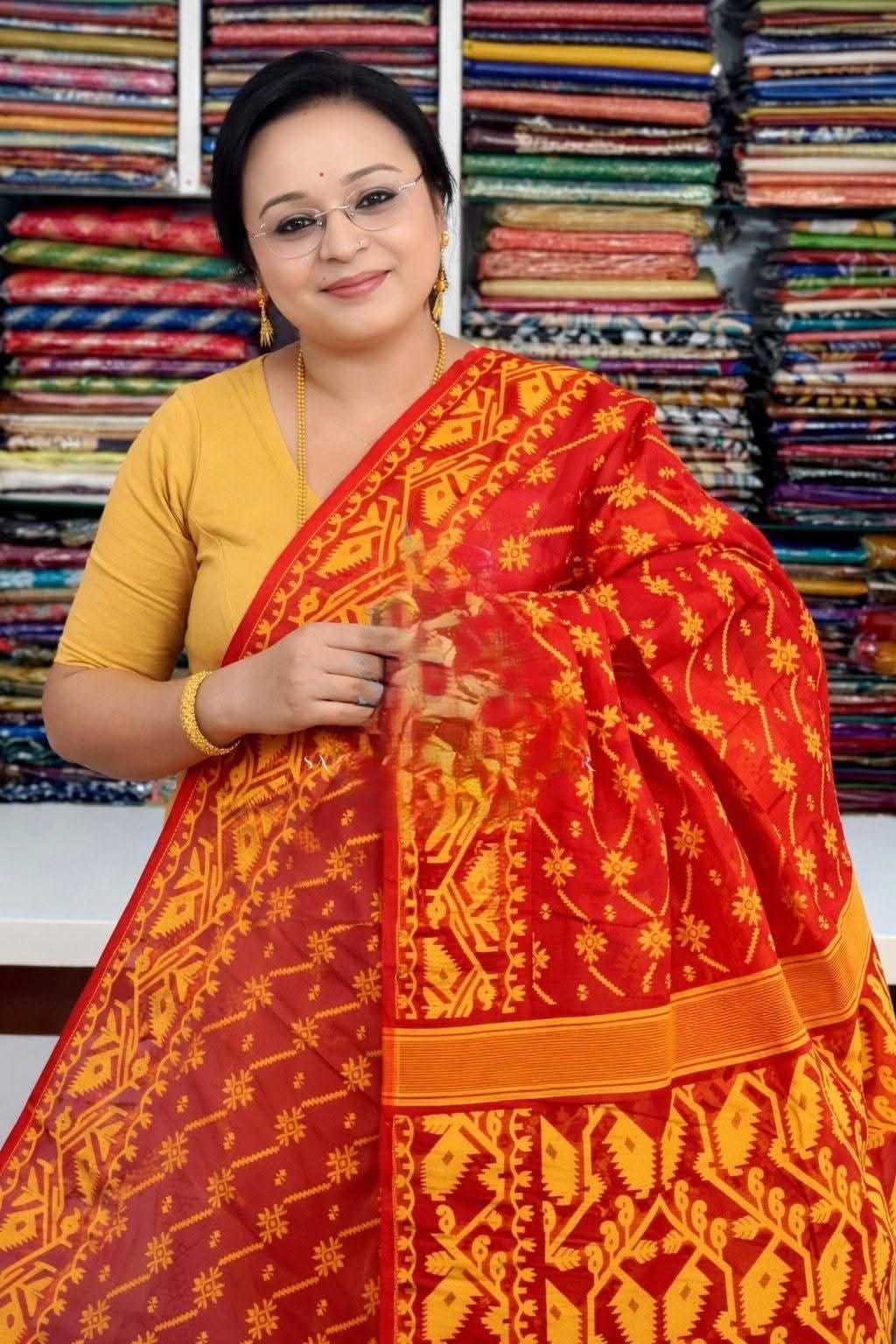 Red And Yellow Soft Buti Jamdani Sari With Blouse Piece