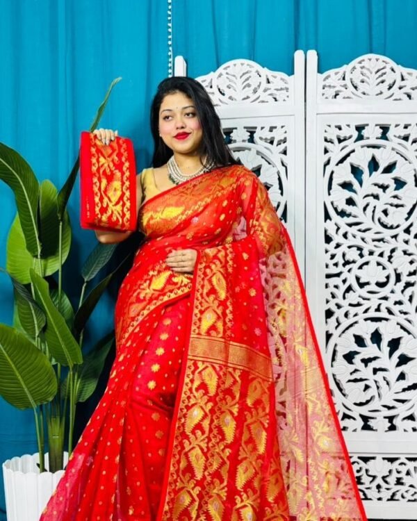 Red Soft Golden Buti Jamdani Sari With Blouse Piece