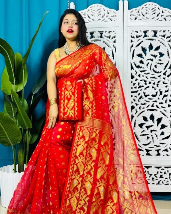 Red Soft Golden Buti Jamdani Sari With Blouse Piece