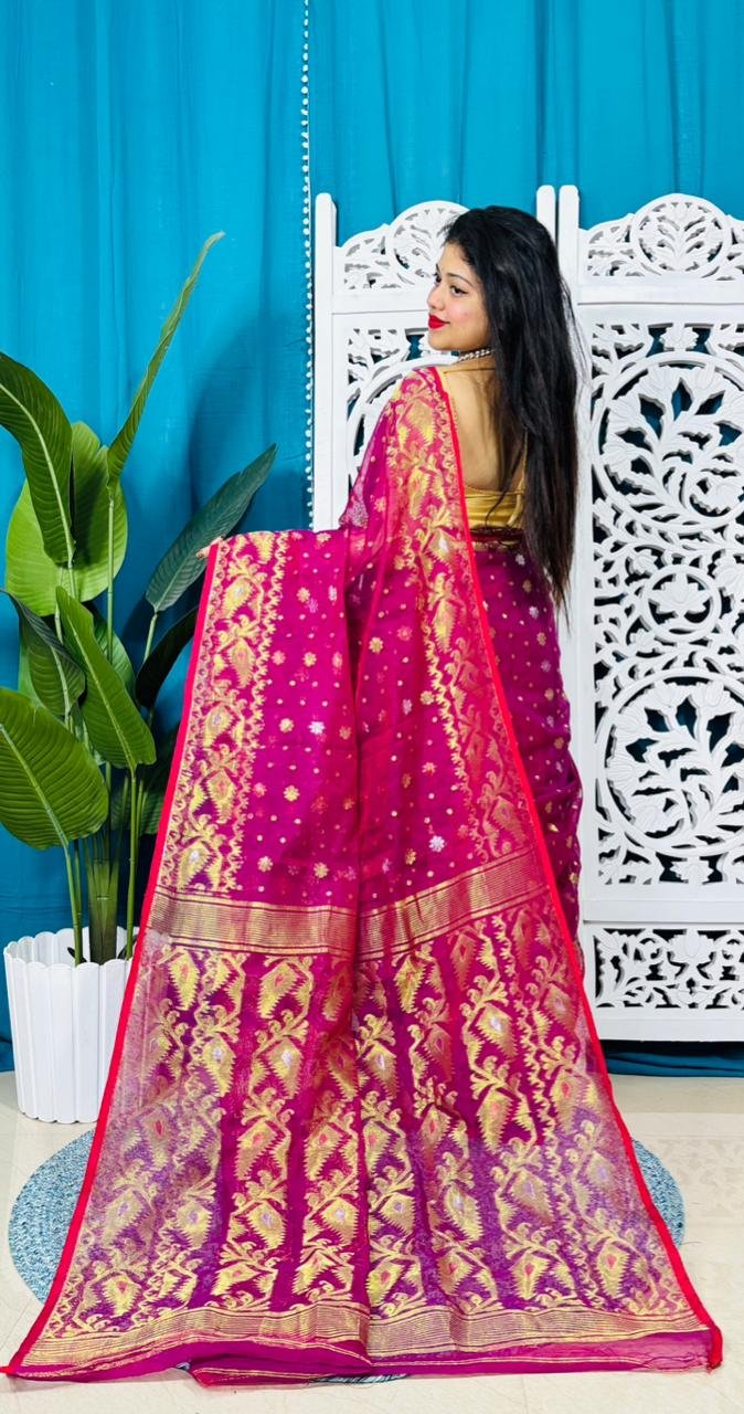 Red Purple Soft Golden Buti Jamdani Sari With Blouse Piece