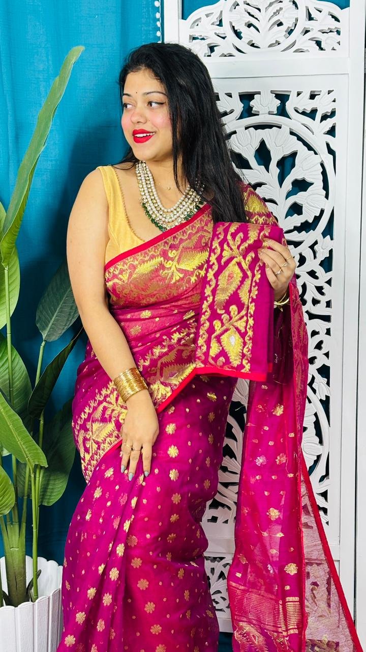 Red Purple Soft Golden Buti Jamdani Sari With Blouse Piece