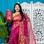 Red Purple Soft Golden Buti Jamdani Sari With Blouse Piece