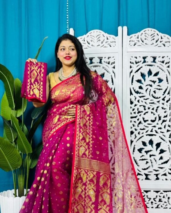 Red Purple Soft Golden Buti Jamdani Sari With Blouse Piece