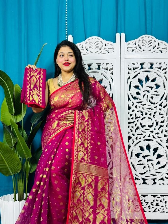 Red Purple Soft Golden Buti Jamdani Sari With Blouse Piece