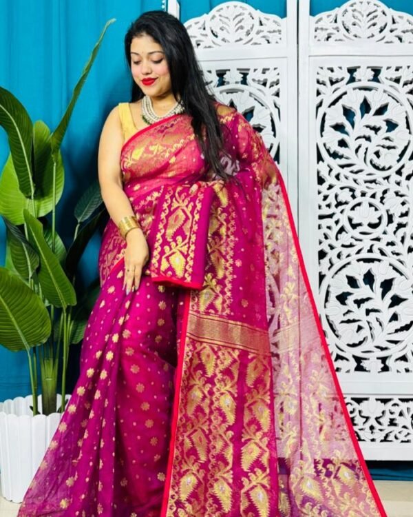 Red Purple Soft Golden Buti Jamdani Sari With Blouse Piece