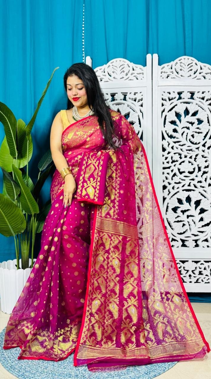 Red Purple Soft Golden Buti Jamdani Sari With Blouse Piece