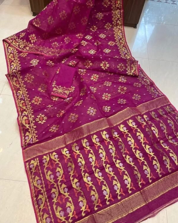 Red Purple Soft Joriwork Jamdani Sari With Blouse Piece