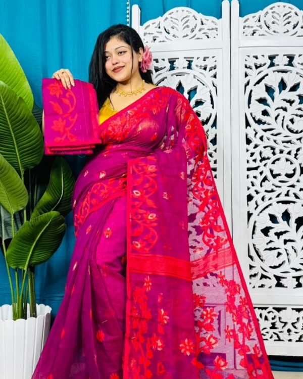 Red Purple Soft Lota Jamdani Sari With Blouse Piece