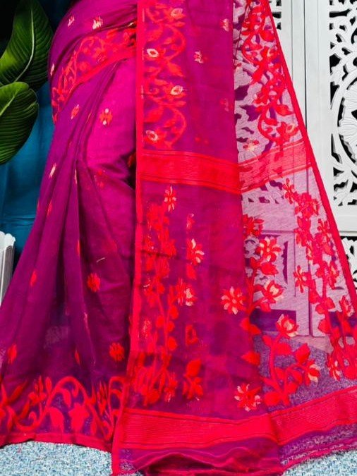 Red Purple Soft Lota Jamdani Sari With Blouse Piece