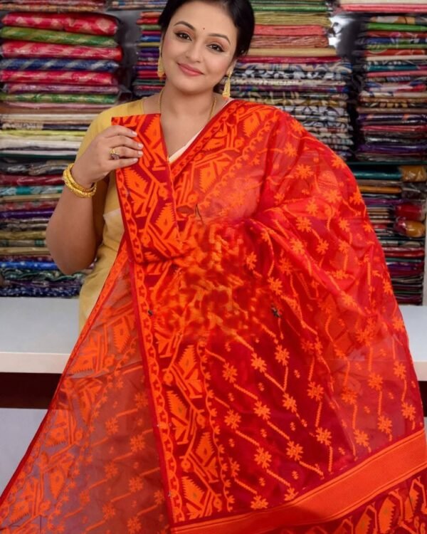 Red Soft Buti Jamdani Sari With Blouse Piece