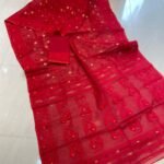 Red Soft Buti Karat Jamdani Sare With Blouse Piece