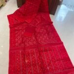 Red Soft Buti Karat Jamdani Sari With Blouse Piece