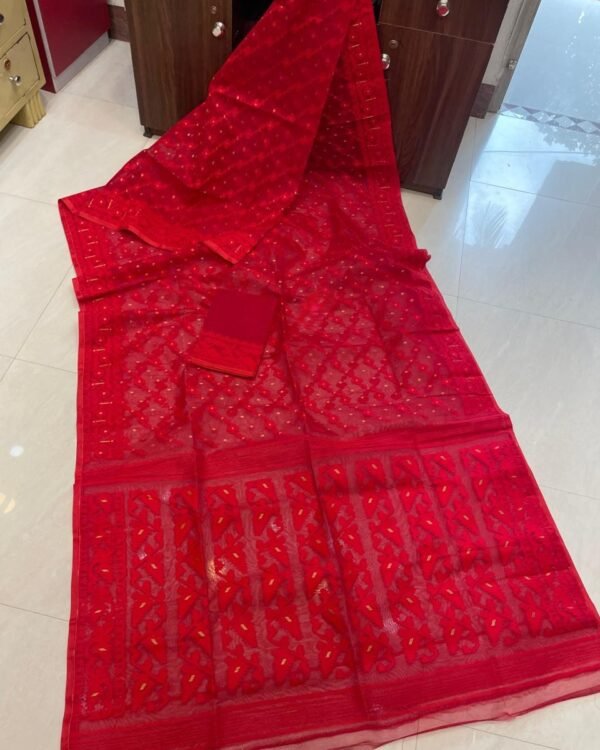 Red Soft Buti Karat Jamdani Sari With Blouse Piece